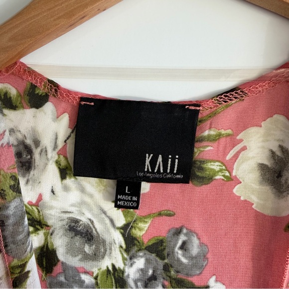 KAII Floral Open Front Kimono Coral Pink Size Large Short Sleeve Duster - Picture 2 of 8